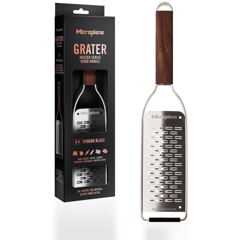 foto del prodotto microplane grattugia doppia lama per formaggio, mela, carota, zucchina e cioccolato con manico in legno di noce e lame in acciaio inossidabile made
