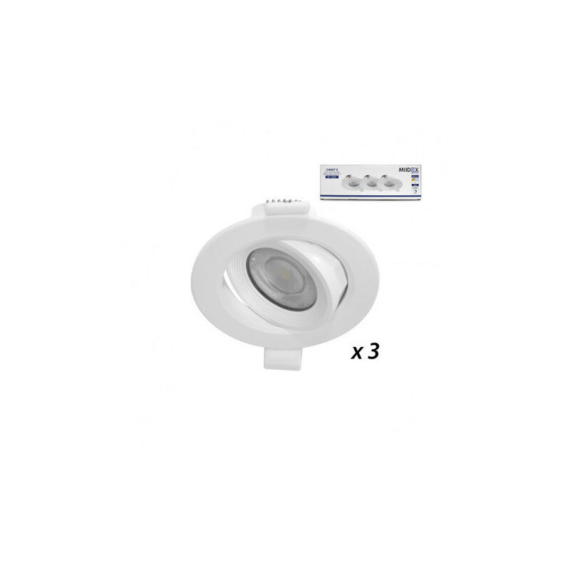 foto del prodotto miidex lighting 3 spot led smd orientabile ac220 240v 5w 405lm 38 ip20 ik06 90mm white hot 3000k perforazione 71mm