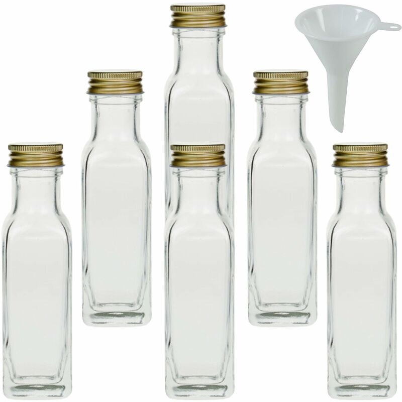 foto del prodotto mikken 6 kleine glasflaschen 100ml mit schraubverschluss zum selbst abef llen inkl. einem einf lltrichter 5cm bottiglie di vetro, 100 ml