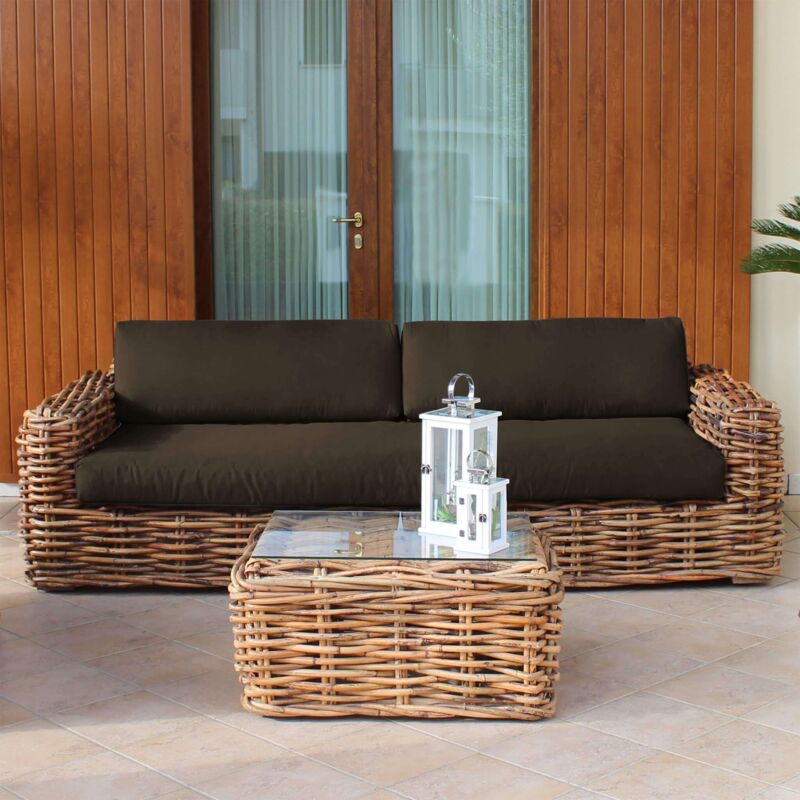 foto del prodotto milani home roseus divano da giardino componibile 3 posti completo di cuscino intreccio in rattan naturale