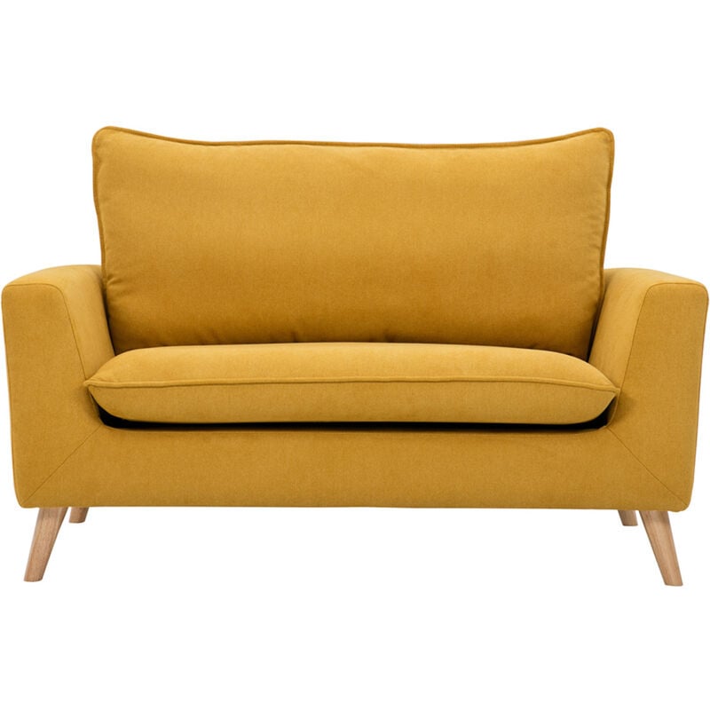foto del prodotto miliboo divano scandinavo 2 posti in tessuto effetto velluto giallo senape e legno chiaro jonas