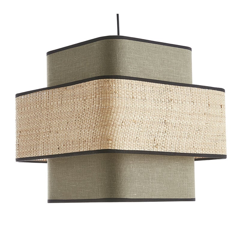foto del prodotto miliboo lampada a sospensione cubo in tessuto lino verde kaki e fibra di rafia naturale l35 cm tera