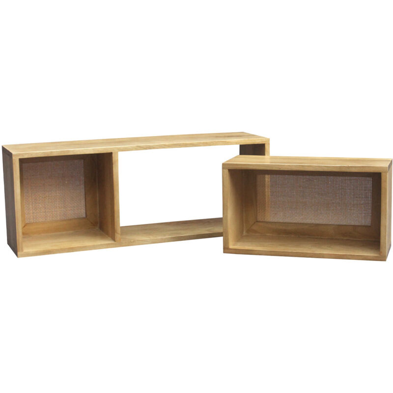 foto del prodotto miliboo mensole da parete estraibili in legno massello di mango e motivo a intreccio in rattan l80 cm set di 2 acange