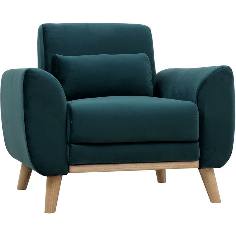foto del prodotto miliboo poltrona design velluto blu petrolio e legno chiaro ektor