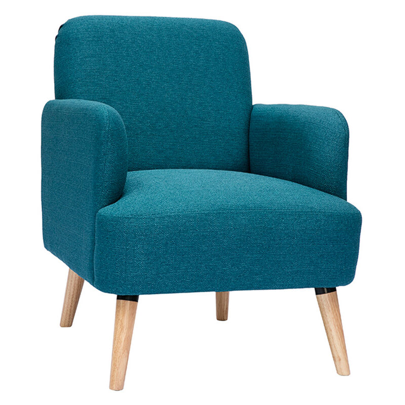 foto del prodotto miliboo poltrona scandinava in tessuto blu anatra e legno chiaro isko