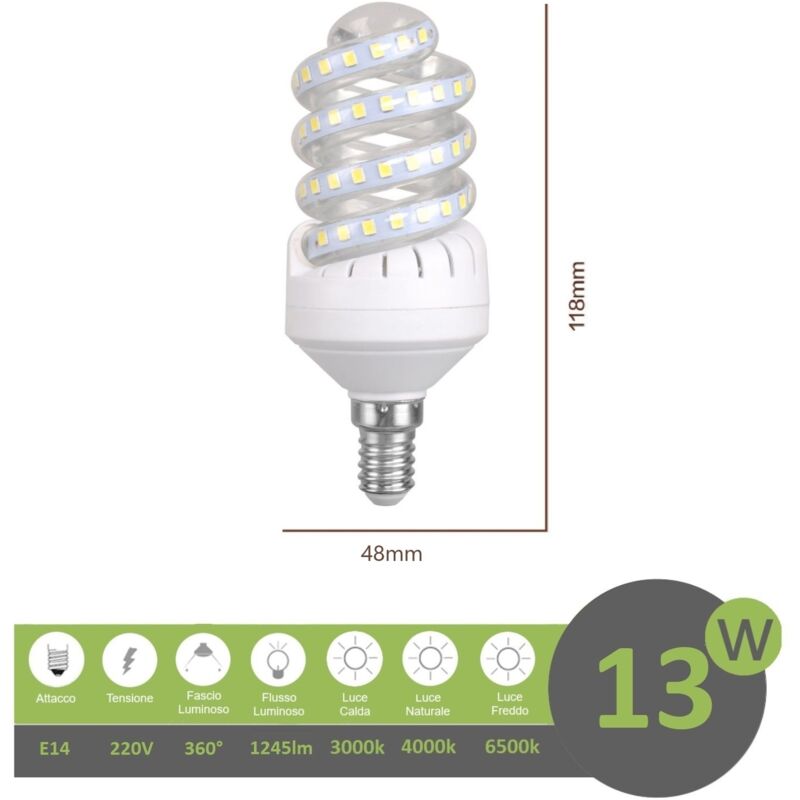 foto del prodotto mille lucciole lampadina led e14 13w tortiglione vortice luce spirale attacco piccolo bianca fredda naturale calda naturale 4000k