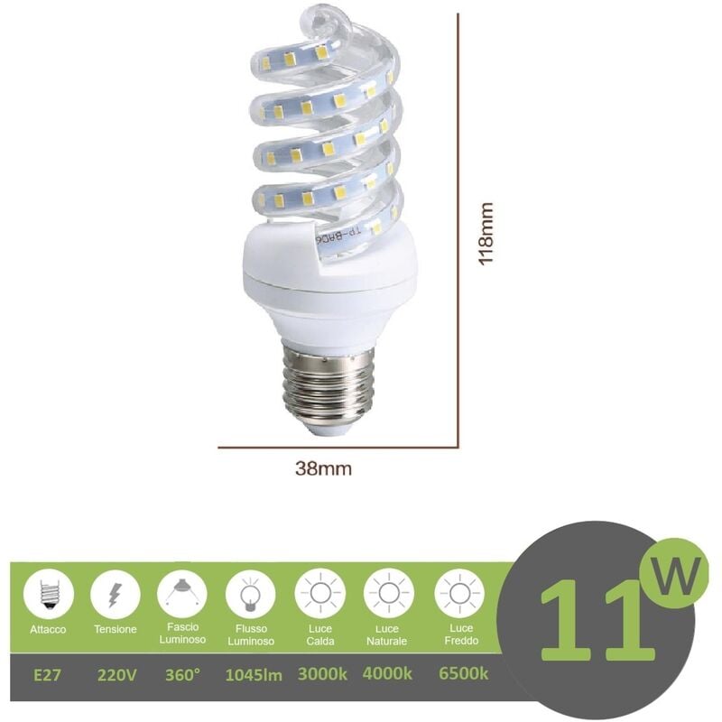 foto del prodotto mille lucciole lampadina led e27 11w tortiglione vortice luce spirale attacco grande bianca fredda naturale calda fredda bianca 6500k