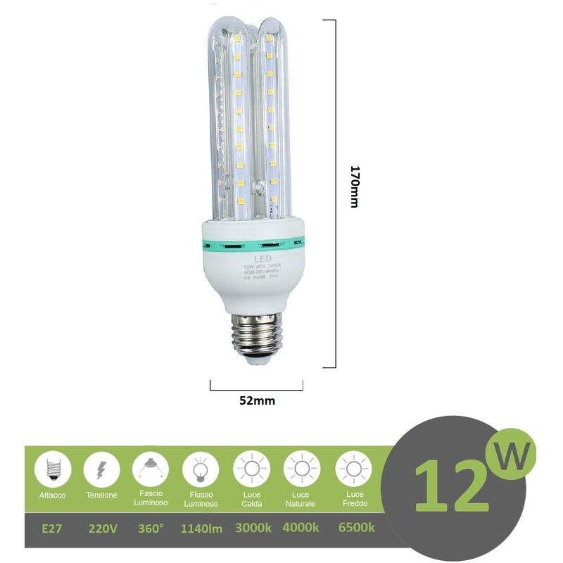 foto del prodotto mille lucciole lampadina led e27 12w 3u luce tubolare tubo attacco grande lineare bianca fredda naturale calda fredda bianca 6500k