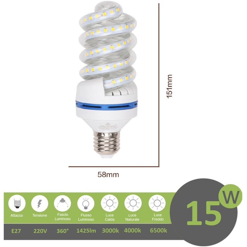 foto del prodotto mille lucciole lampadina led e27 15w tortiglione vortice luce spirale attacco grande bianca fredda naturale calda calda 3000k