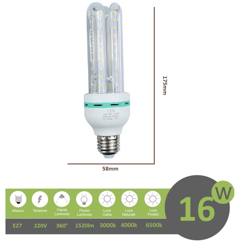 foto del prodotto mille lucciole lampadina led e27 16w 4u luce tubolare tubo attacco grande lineare bianca fredda naturale calda calda
