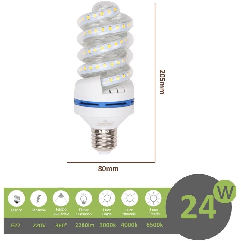 foto del prodotto mille lucciole lampadina led e27 24w tortiglione vortice luce spirale attacco grande bianca fredda naturale calda calda 3000k