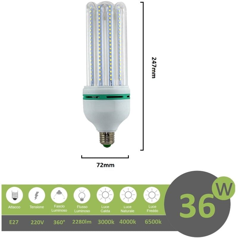 foto del prodotto mille lucciole lampadina led e27 36w 4u luce tubolare tubo attacco grande lineare bianca fredda naturale calda fredda bianca 6500k