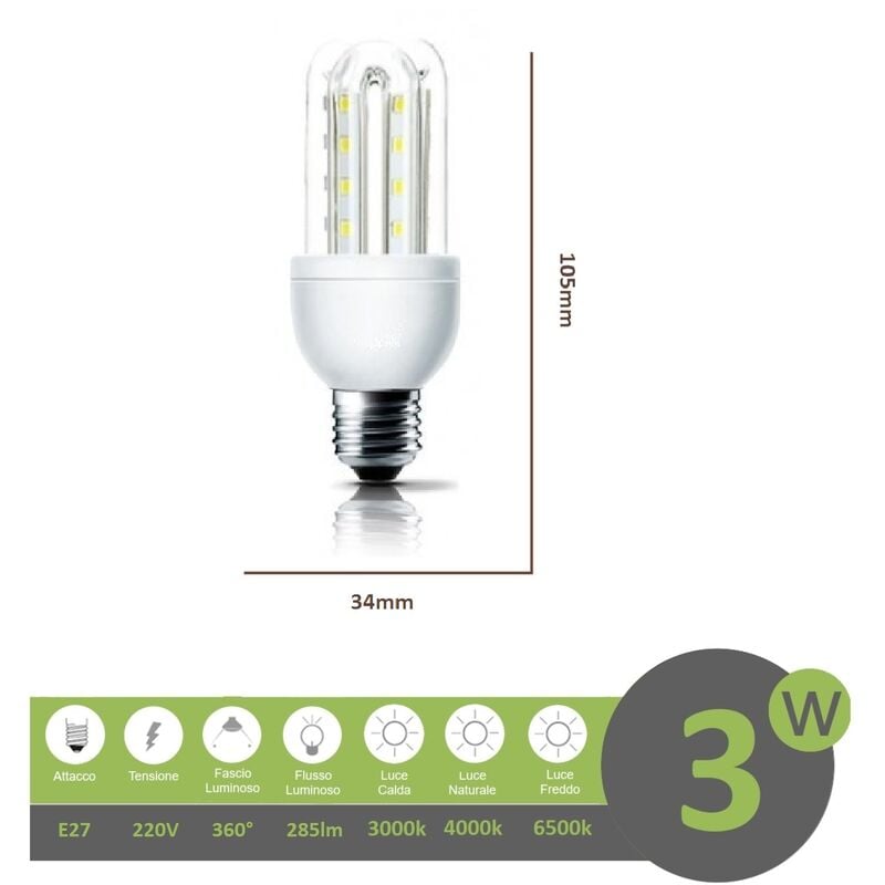 foto del prodotto mille lucciole lampadina led e27 3w 2u luce tubolare tubo attacco grande lineare bianca fredda naturale calda fredda bianca 6500k