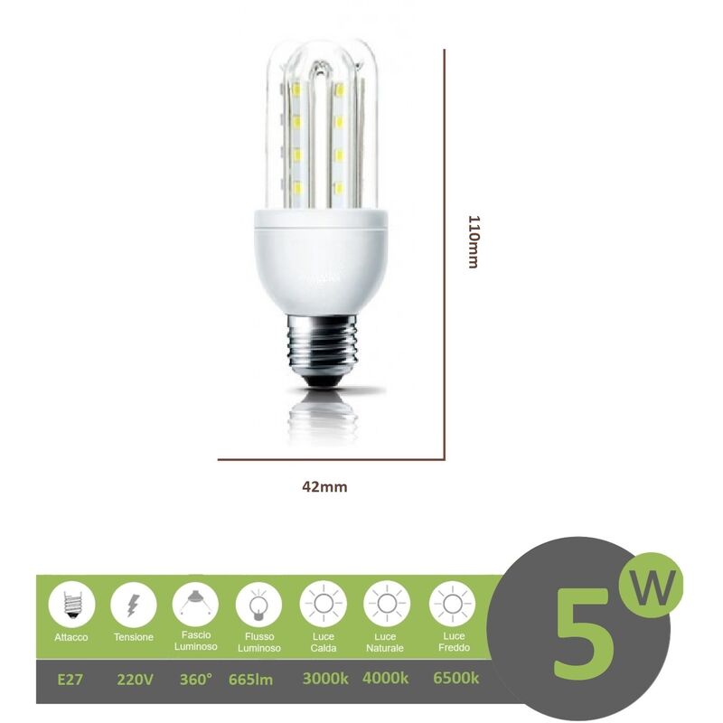 foto del prodotto mille lucciole lampadina led e27 5w 3u luce tubolare tubo attacco grande lineare bianca fredda naturale calda naturale 4000k