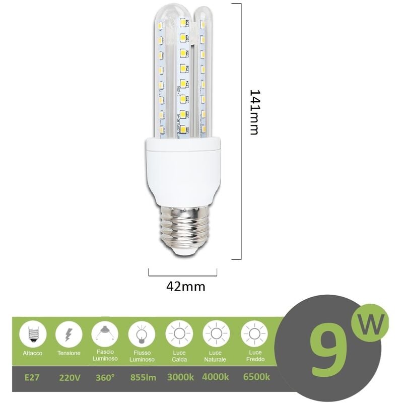 foto del prodotto mille lucciole lampadina led e27 9w 3u luce tubolare tubo attacco grande lineare bianca fredda naturale calda calda 3000k