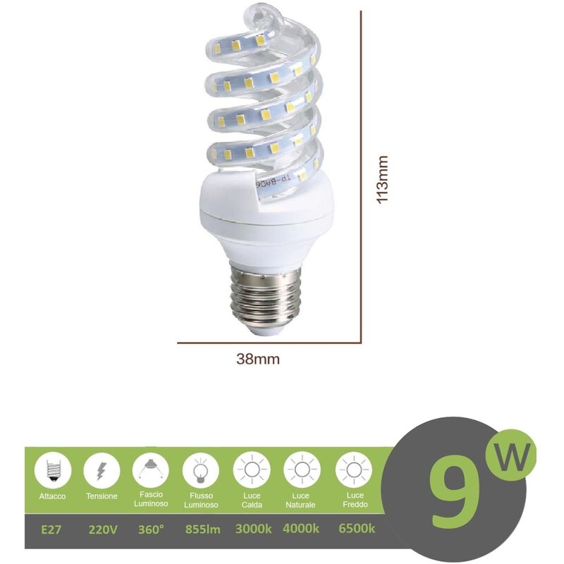 foto del prodotto mille lucciole lampadina led e27 9w tortiglione vortice luce spirale attacco grande bianca fredda naturale calda naturale 4000k