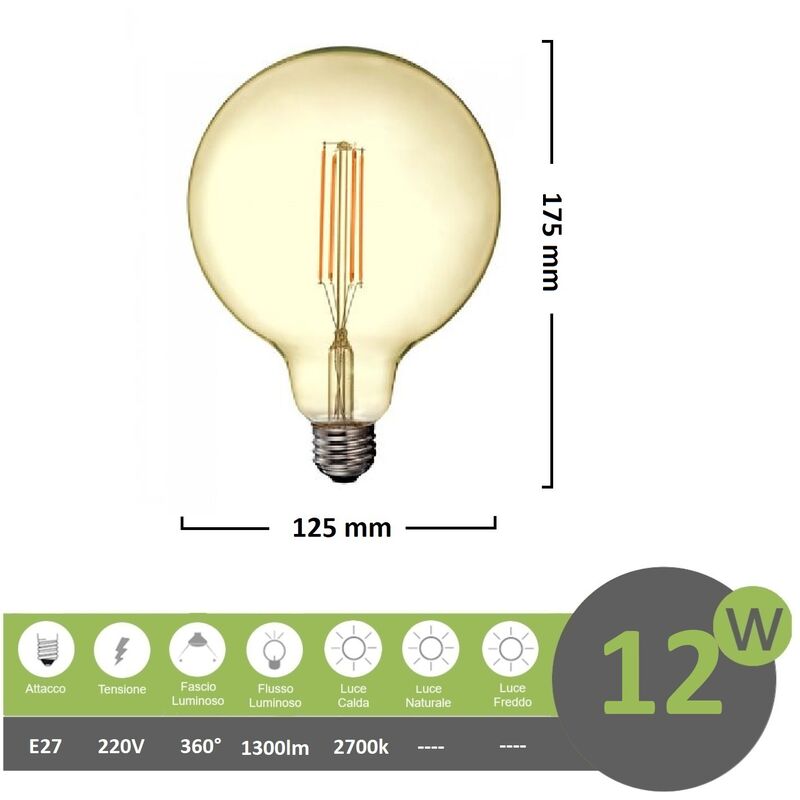 foto del prodotto mille lucciole lampadina led filamento g125 12w attacco grande e27 globo sfera palla ambra luce calda 2700k