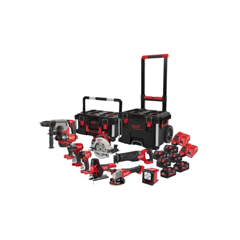 foto del prodotto milwaukee kit di utensili a batteria m18fpp9a 555t con 12 bussole a percussione e set di lame per sega a nastro