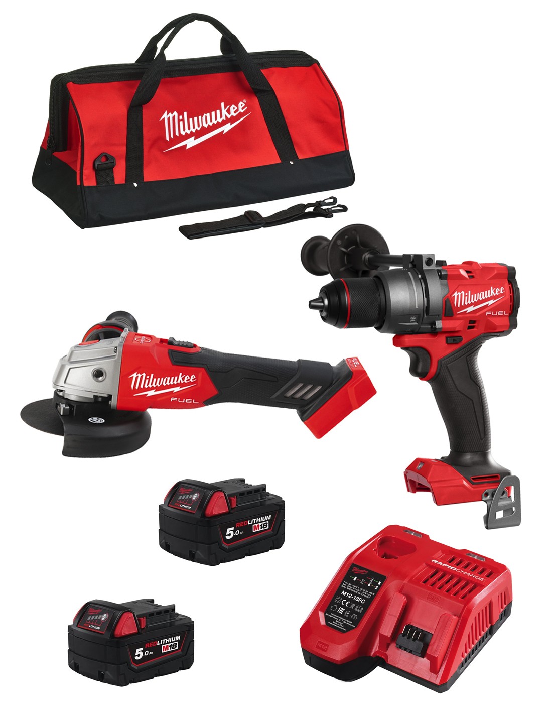 foto del prodotto milwaukee kit mwk204bag m18fpd3 m18fsag125xb 2 x 5,0 ah m12 18fc borsa 8435587930242