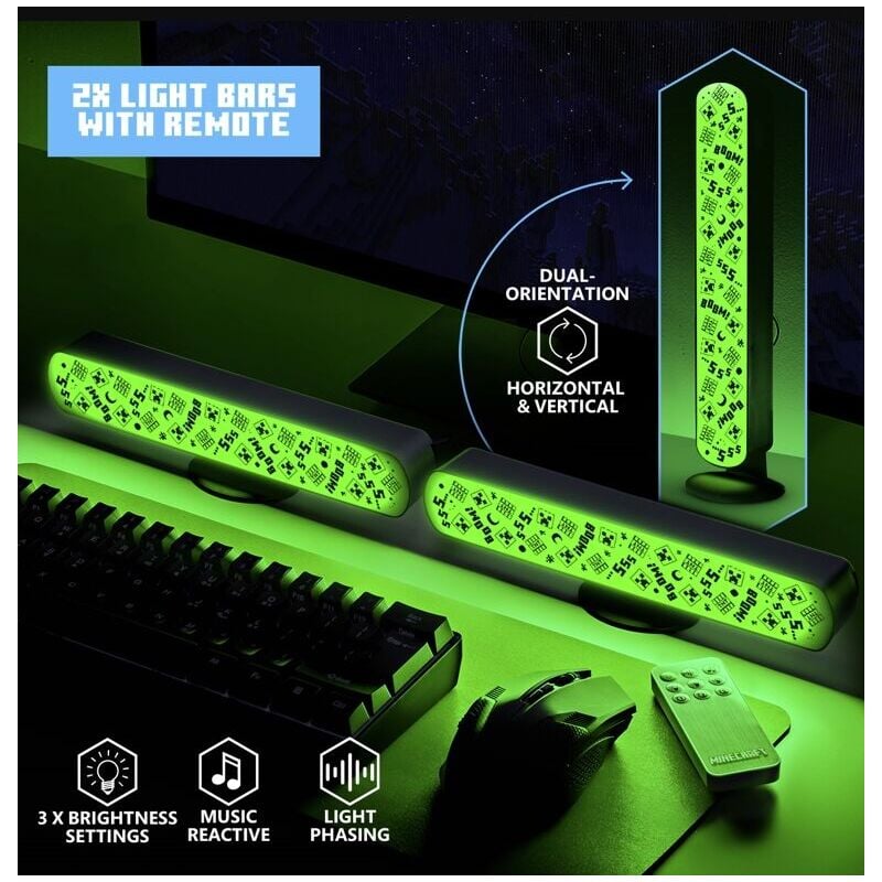 foto del prodotto minecraft - set de 2 barre luminose con licenza ufficiale de telecomando controllo, fase de colore, 3 livelli de luminosità e musica reattiva,
