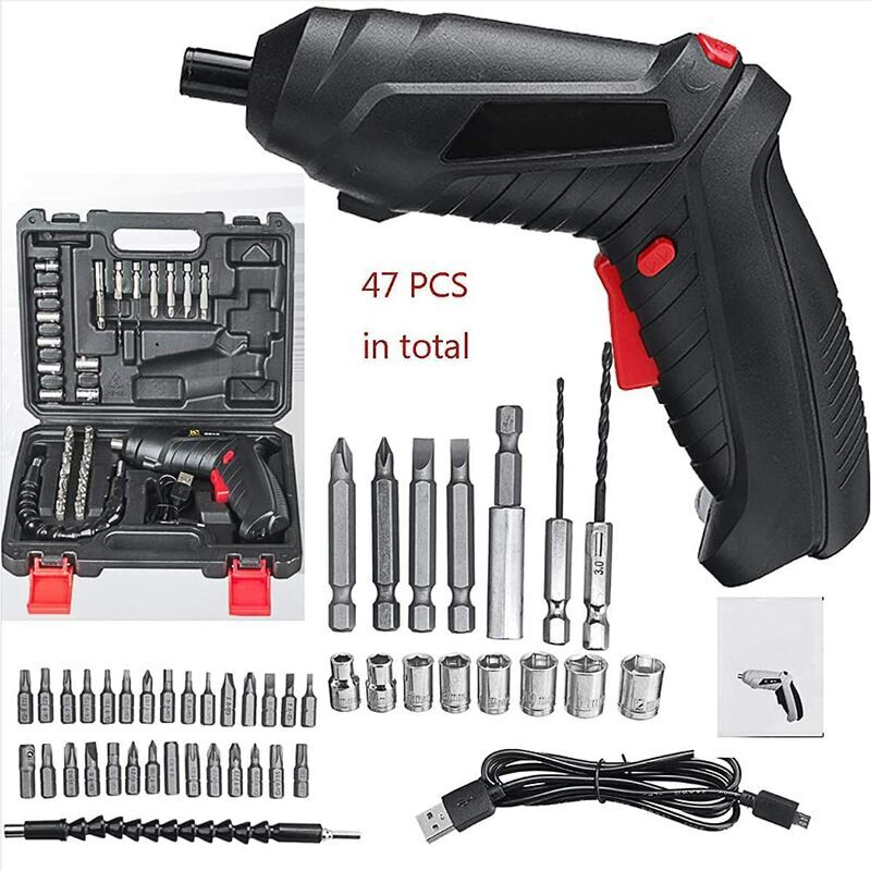 foto del prodotto mini cacciavite a batteria con mandrino e caricatore usb, trapano elettrico a batteria da 3,6 v 47 pezzi