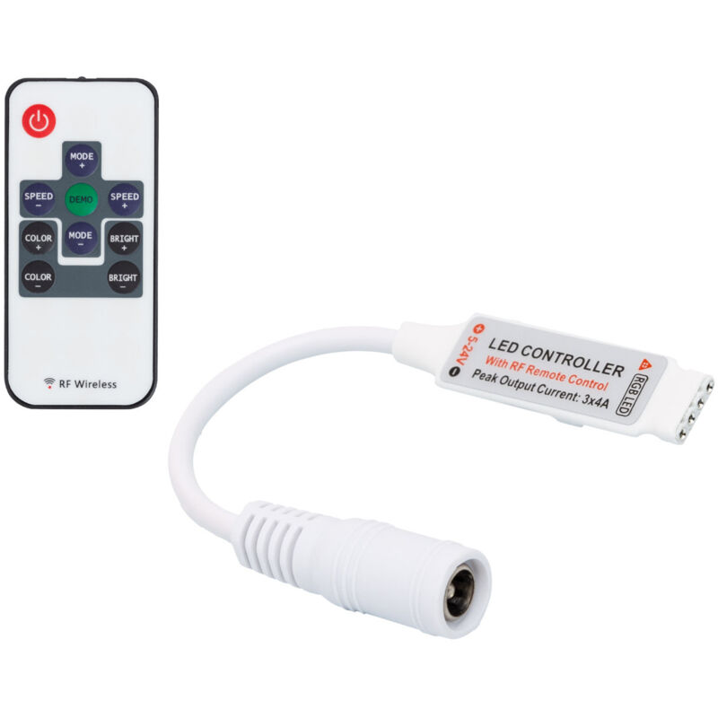 foto del prodotto mini controller striscia led rgb 12v, con telecomando rf 10 pulsanti