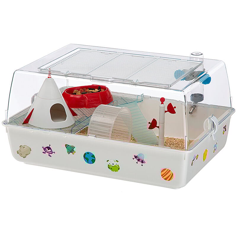foto del prodotto mini duna space gabbia per criceti e topolini in plastica con ambientazione spazio.. variante mini duna space misure 55 x 39 x h 27 cm