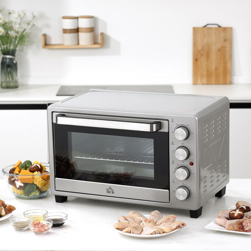 foto del prodotto mini forno elettrico da 32 litri con temperatura 100 c 230 c, 1600 w, con vassoio raccogli scorie, acciaio inox e vetro, argento, 52,2 x 38,1 x