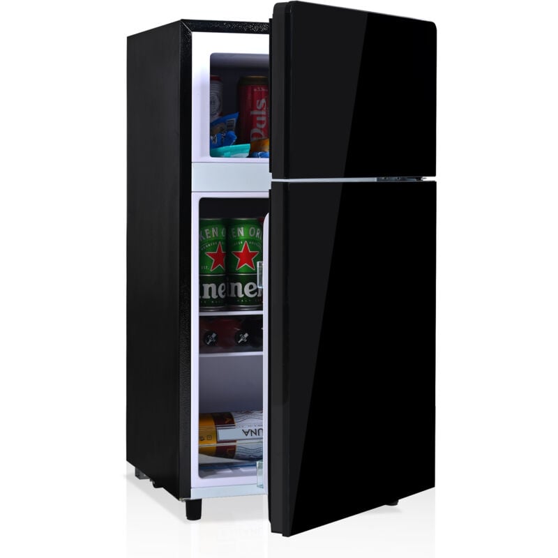 foto del prodotto mini frigorifero da 72 litri, porta in vetro nero, 39 db, controllo della temperatura a 7 livelli, illuminazione a led, refrigerante r600,