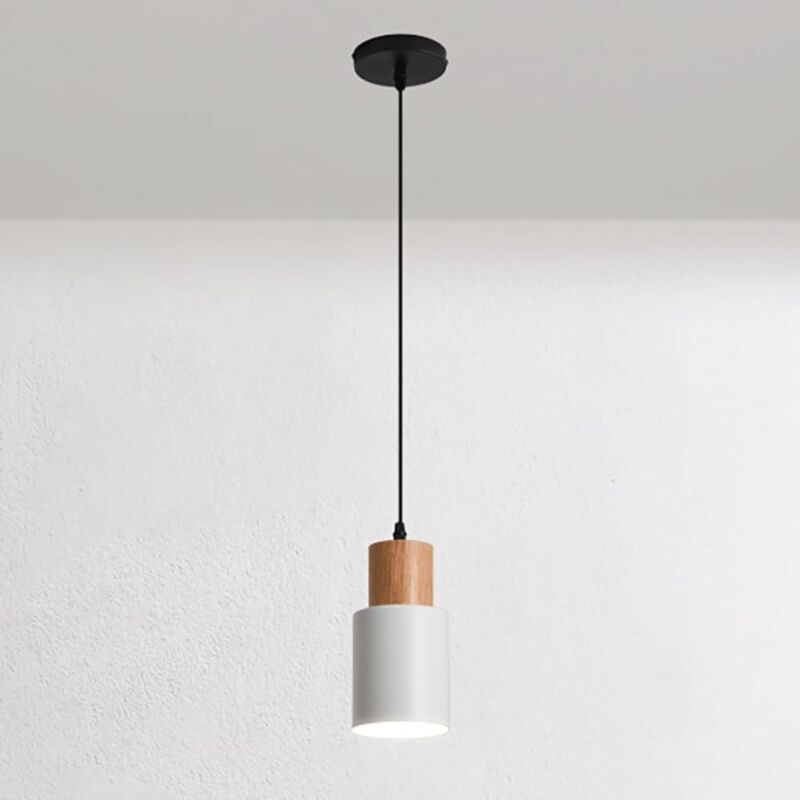 foto del prodotto mini lampada a sospensione da comodino, lampada a sospensione in legno con paralume cilindrico, lampade a sospensione con lunghi tubi metallici, luce