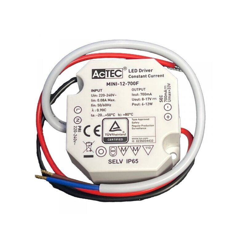 foto del prodotto mini led driver ip65 corrente costante 700ma 8v 17v 12w 50x48x24mm