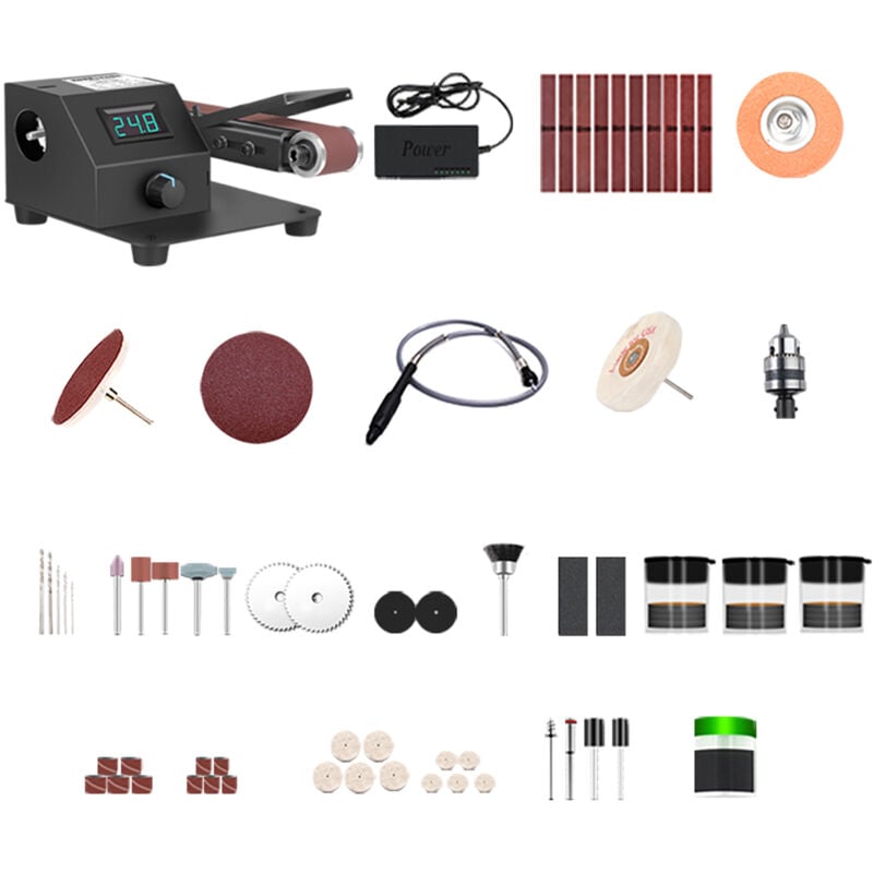 foto del prodotto mini levigatrice a nastro da 350 w, levigatrice elettrica, lucidatrice, smerigliatrice, smerigliatrice verticale e orizzontale, con 10 nastri