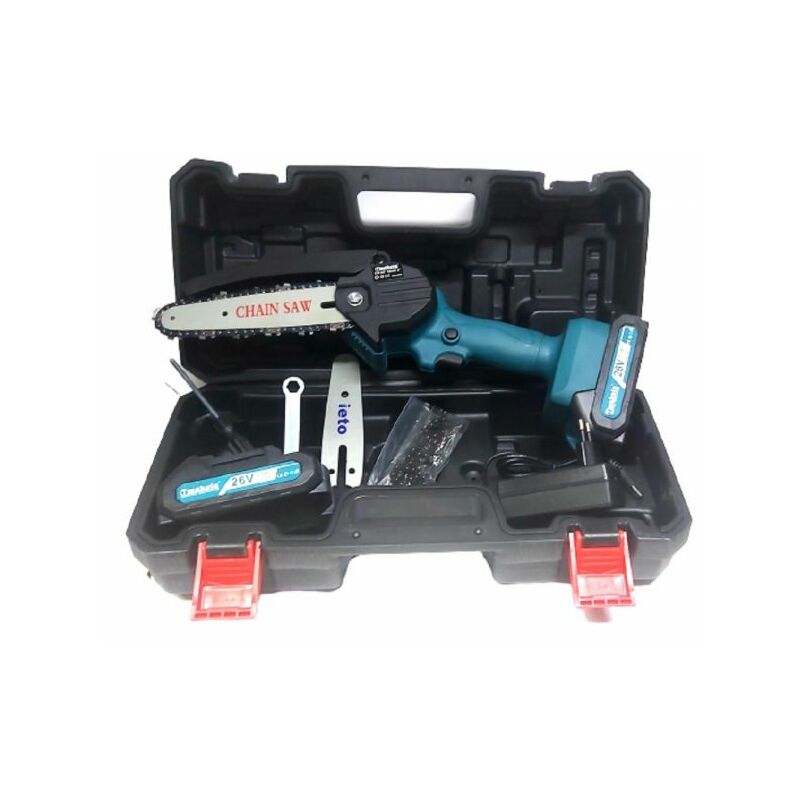 foto del prodotto mini motosega 2 lame 4"" 6"" tagliarami elettrica elettrosega 26v doppia batteria