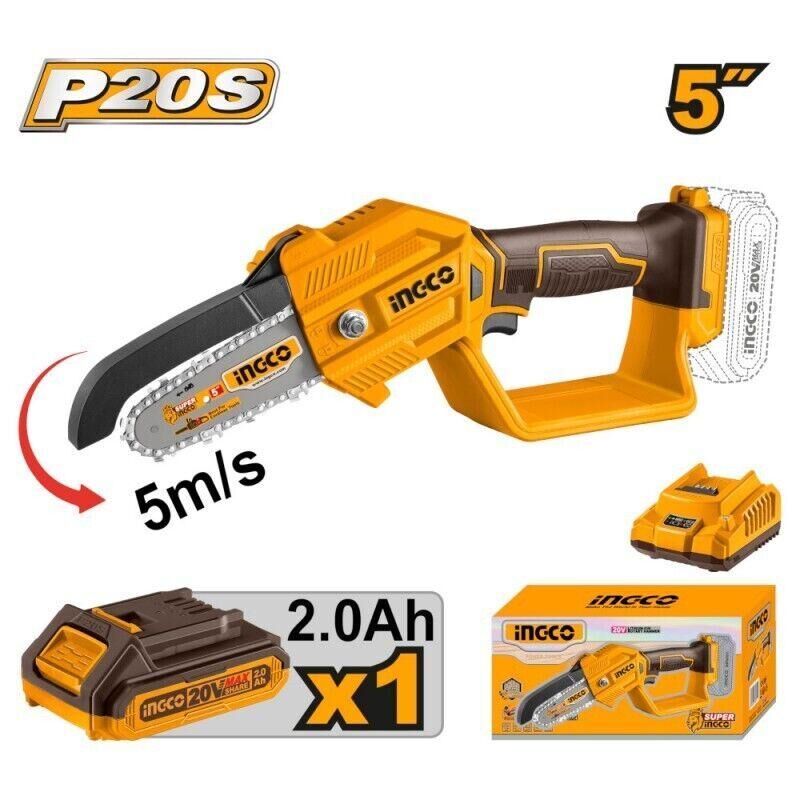 foto del prodotto mini motosega a batteria 5 13cm ingco batteria litio 20v 2ah caricabatteria