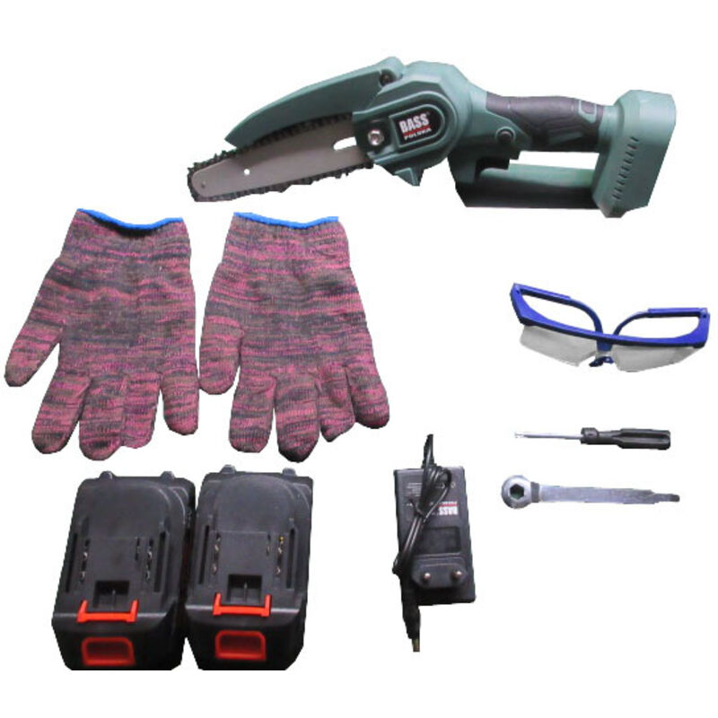 foto del prodotto mini motosega da 4 , 24 v, con due batterie e caricabatteria inclusi