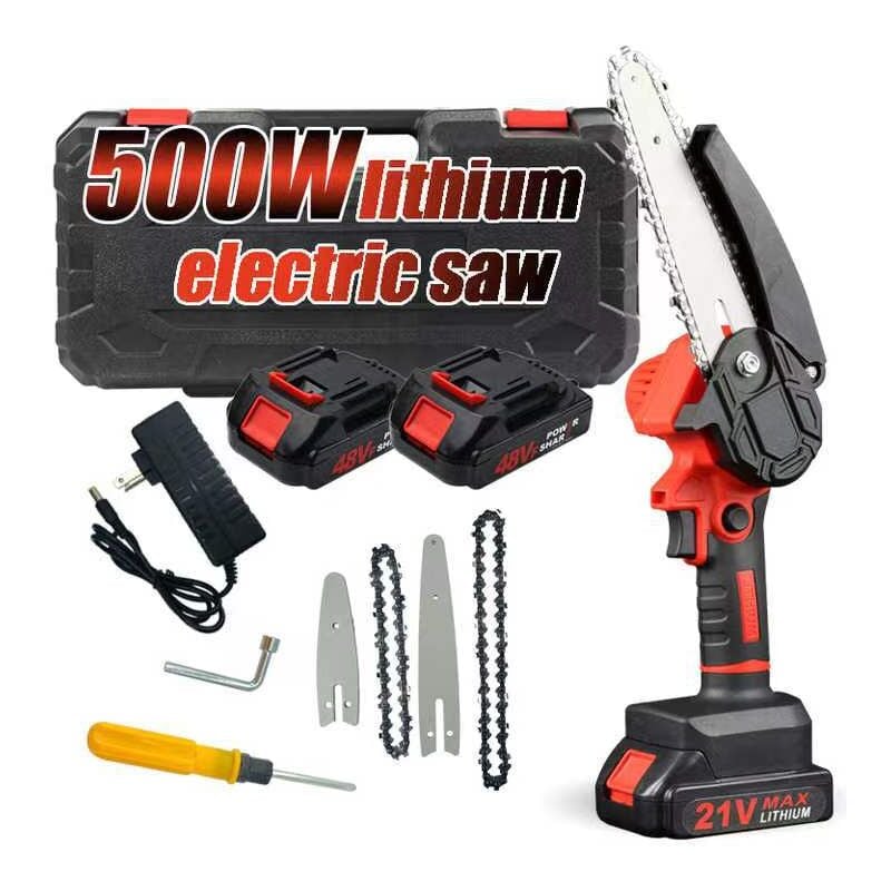 foto del prodotto mini motosega da 4 pollici con blocco di sicurezza, 2 catene, 21 v, ricaricabile, alimentata a batteria, motosega elettrica senza fili