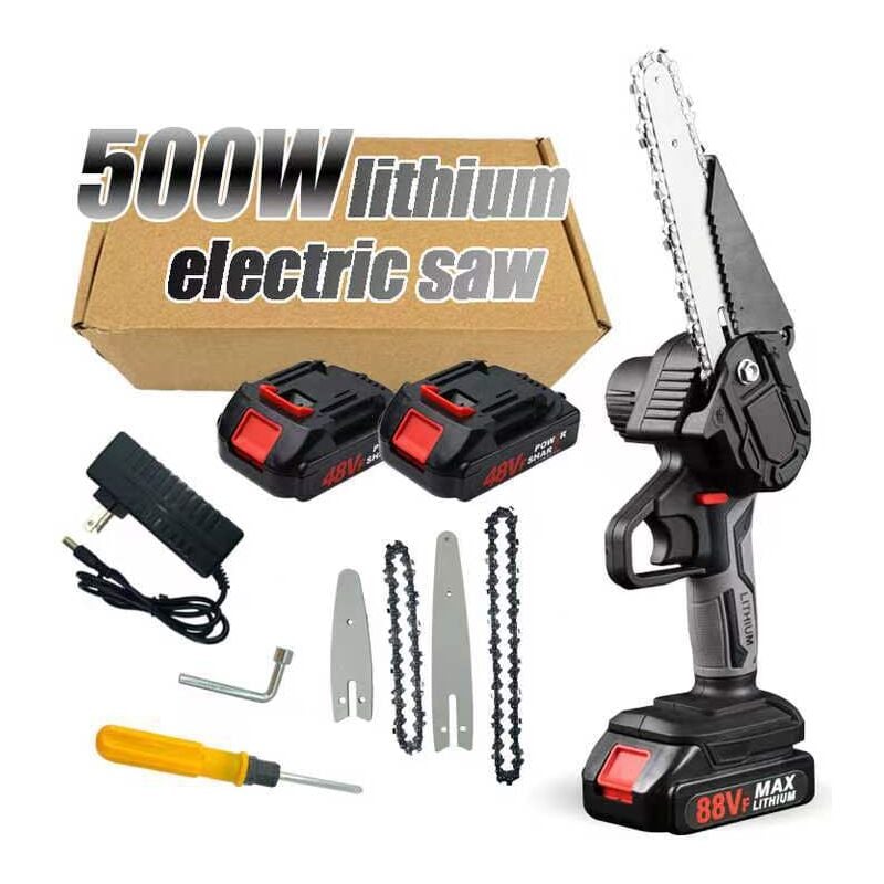 foto del prodotto mini motosega da 6 pollici con blocco di sicurezza, 2 catene, batteria ricaricabile da 88 v, motosega elettrica senza fili