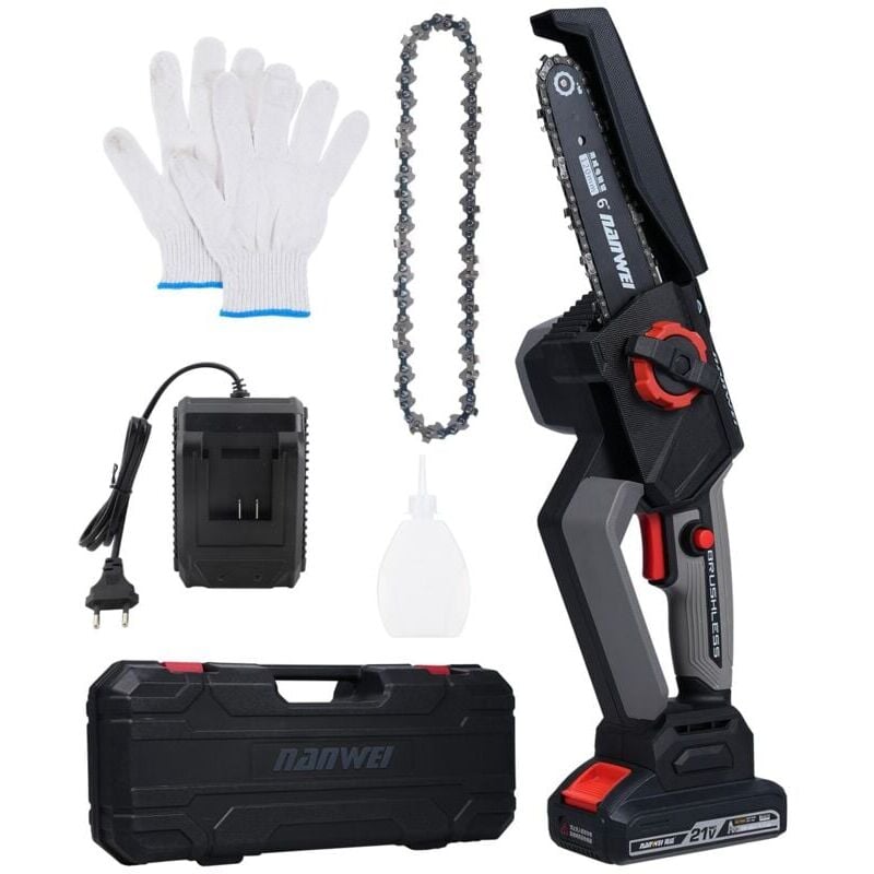foto del prodotto mini motosega da potatura a batteria da 21 v con batteria da 4000 mah e caricabatterie rapido, 6 pollici con 2 catene, velocit di 5800 giri min per