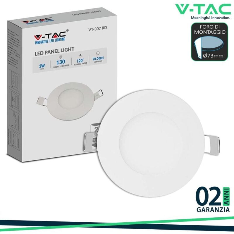 foto del prodotto mini pannello led 3w montaggio ad incasso rotondo colore bianco bianco naturale v tac