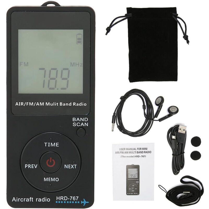 foto del prodotto mini radio air band con batteria al litio integrata da 400 mah, radio fm am air con auricolare, display lcd retroilluminato arancione, supporto per