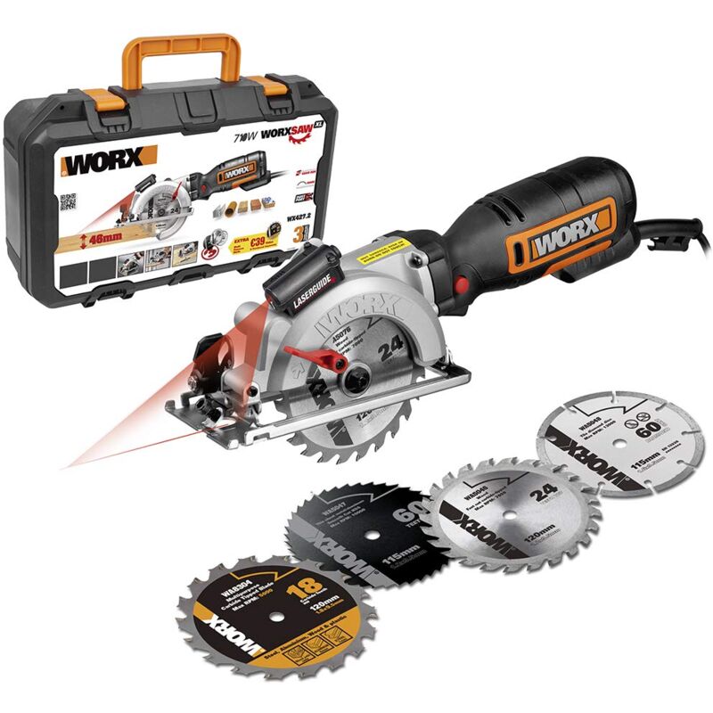 foto del prodotto mini sega circolare 710w wx427.2 120mm viene fornito con 4 dischi legno, metalli non ferrosi e materiali da costruzione worx