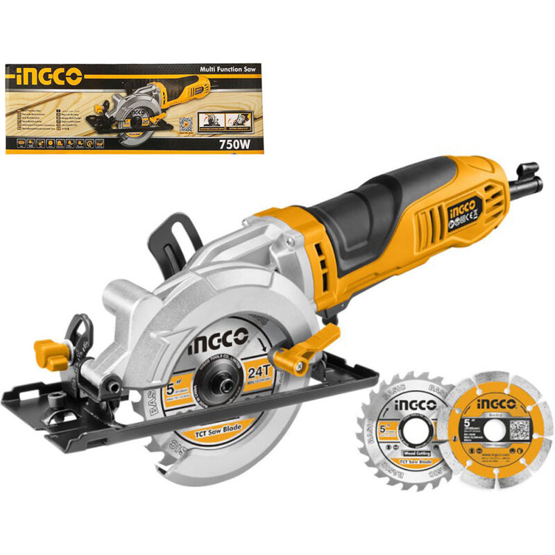 foto del prodotto mini sega circolare 750 w a filo taglio legno piastrelle 45 90 2 dischi ingco mfs1251