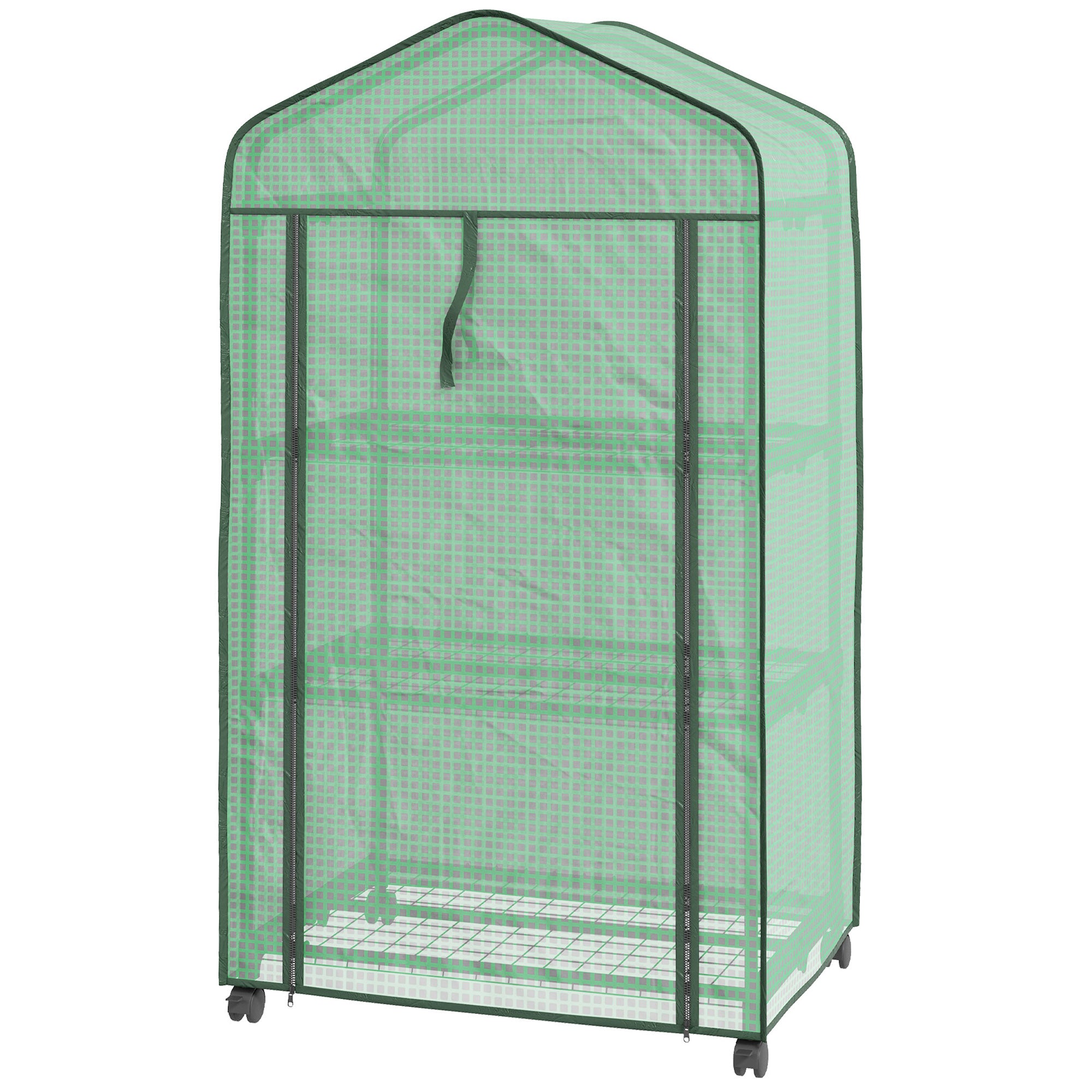 foto del prodotto mini serra da giardino con copertura in pe 69x49x130cm 3 ripiani e ruote verde