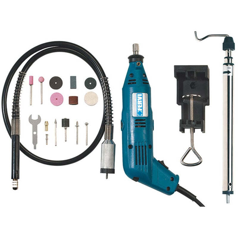 foto del prodotto mini smerigliatrice ad albero flessibile fervi 0568 con utensili 32500 giri 230 v 135 w