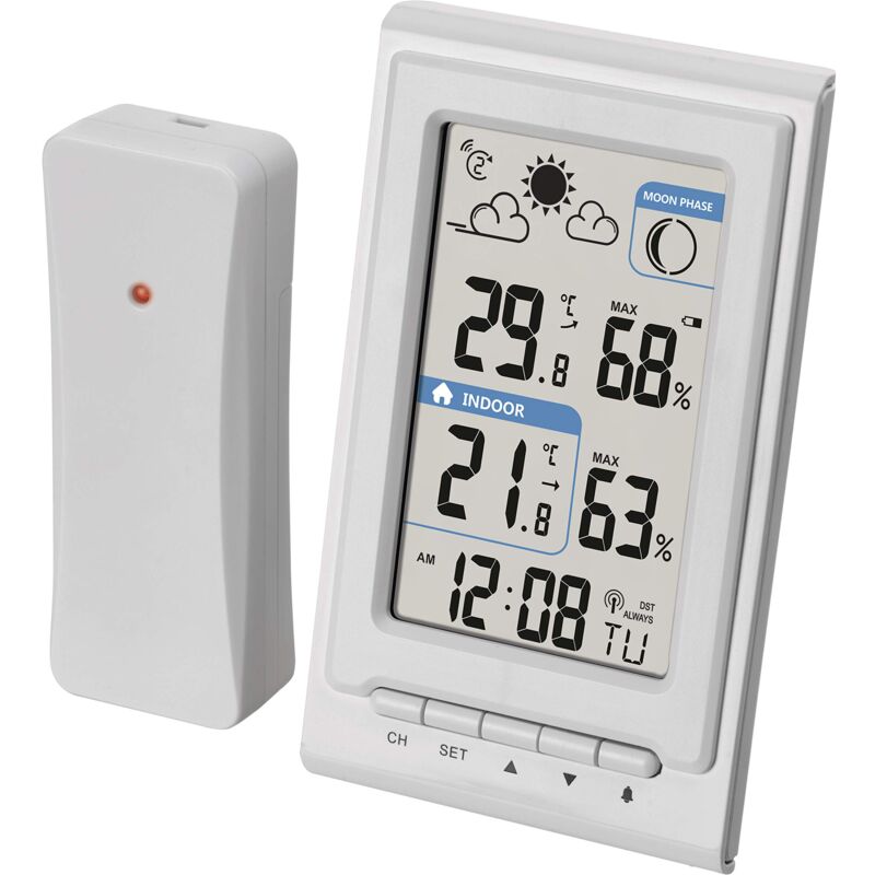 foto del prodotto mini stazione meteo radio con sensore esterno, misura la temperatura interna ed esterna, umidit , previsioni meteo, orologio radio con sveglia,