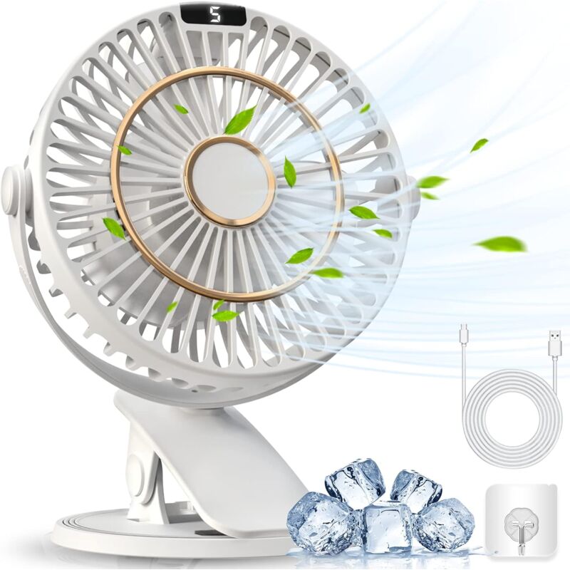 foto del prodotto mini ventilatore da tavolo con clip usb regolazione della rotazione di 720 , adatto per casa ufficio all aperto viaggi bianco display digitale 