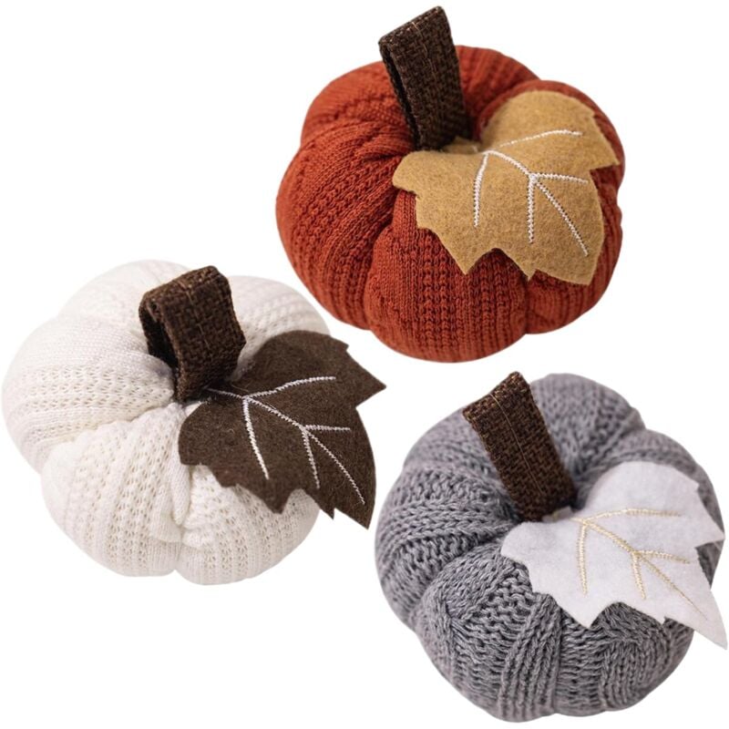 foto del prodotto mini zucche di halloween 3 pezzi decorazioni di zucca lavorate a maglia con zucche decorative appese per foglie per il raccolto del ringraziamento