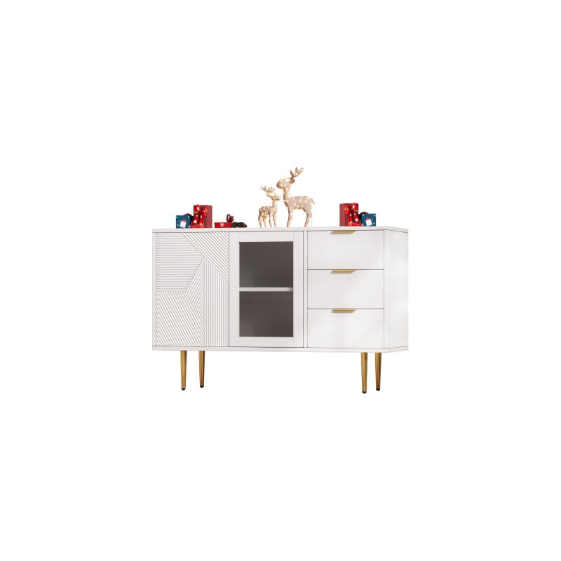 foto del prodotto minkurow cassettiera con 3 cassetti e 2 ante, con piedini in metallo e ante in vetro, bianco, dimensioni 120 x 38 x 79,5 cm