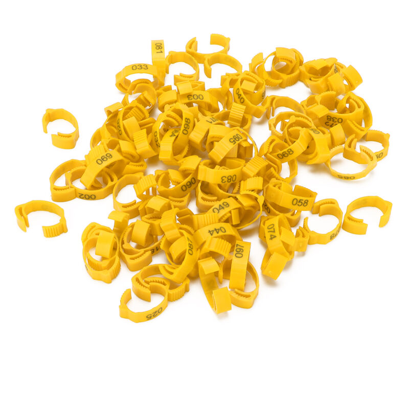 foto del prodotto minkurow confezione da 100 anelli per zampe per pollame, fibbia per identificazione delle zampe con numeri per pollo, anatra, uccello giallo