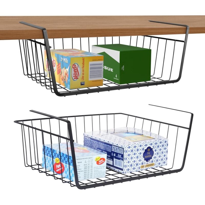 foto del prodotto minkurow confezione da 2 cestini per armadietti, cestini portaoggetti, in metallo nero, per cucina, dispensa, ufficio, libreria, armadio,